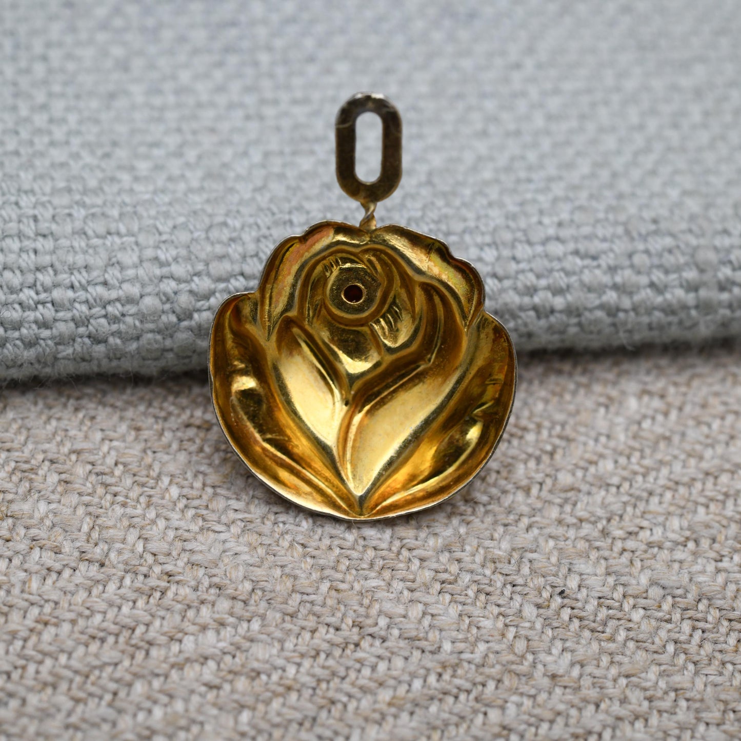 Vintage Sterling Silver Gold Plated Rose Flower Red Stone Pendant - Pretty Textured Flower Jewellery | Gift for Pendant Necklace