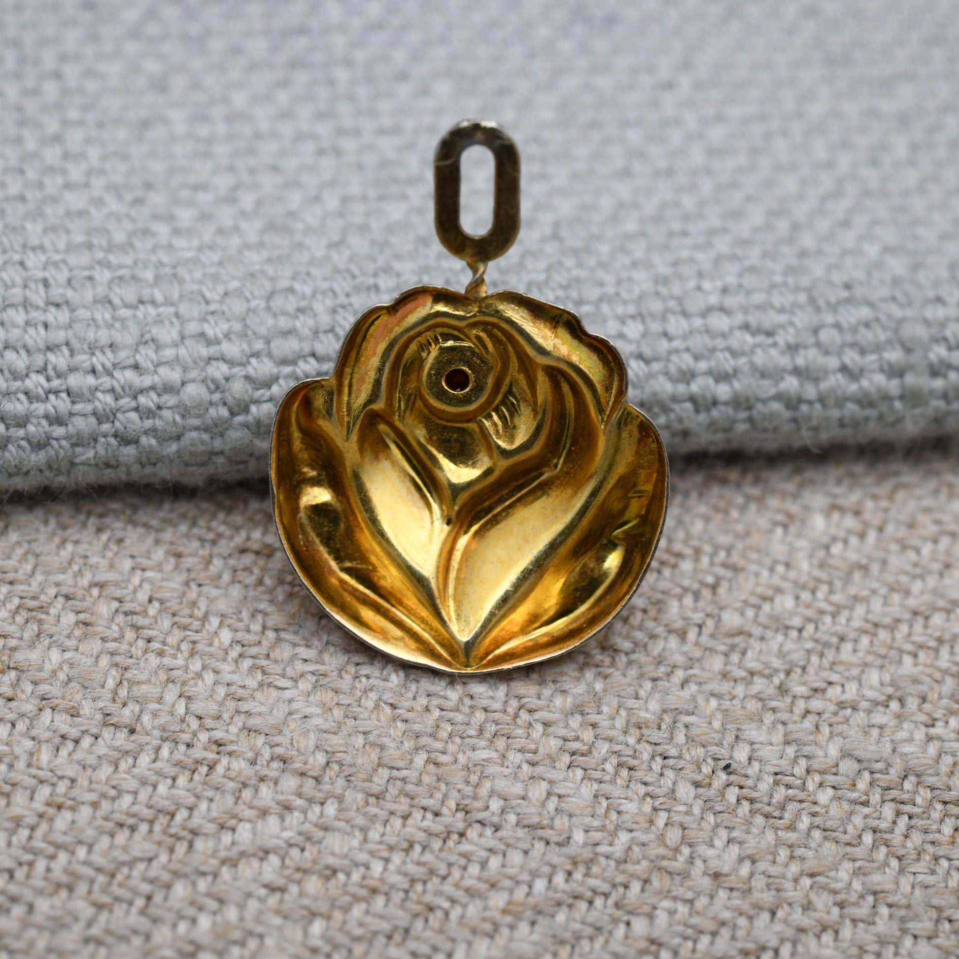 Vintage Sterling Silver Gold Plated Rose Flower Red Stone Pendant - Pretty Textured Flower Jewellery | Gift for Pendant Necklace