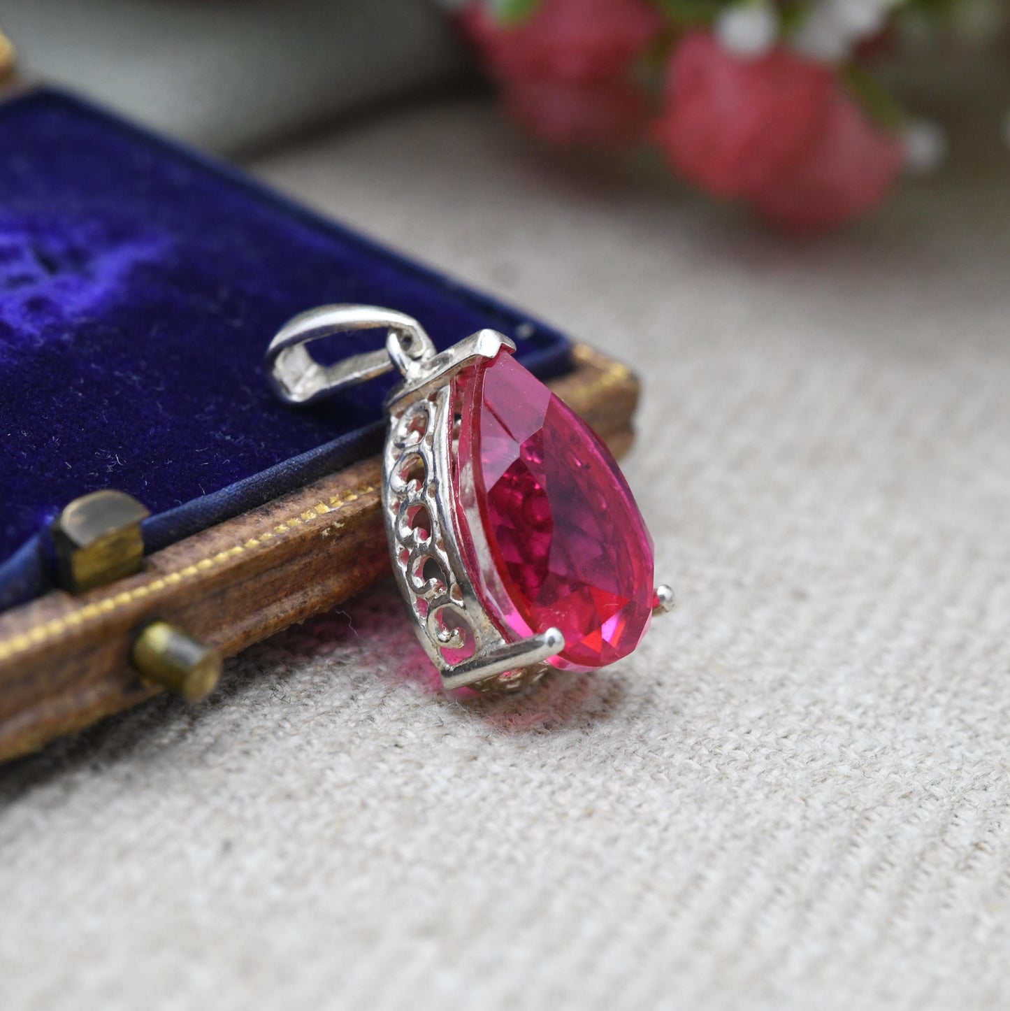 Vintage Sterling Silver Synthetic Ruby Pendant - Pear Cut | Elegant Setting | Gift for Necklace Stack