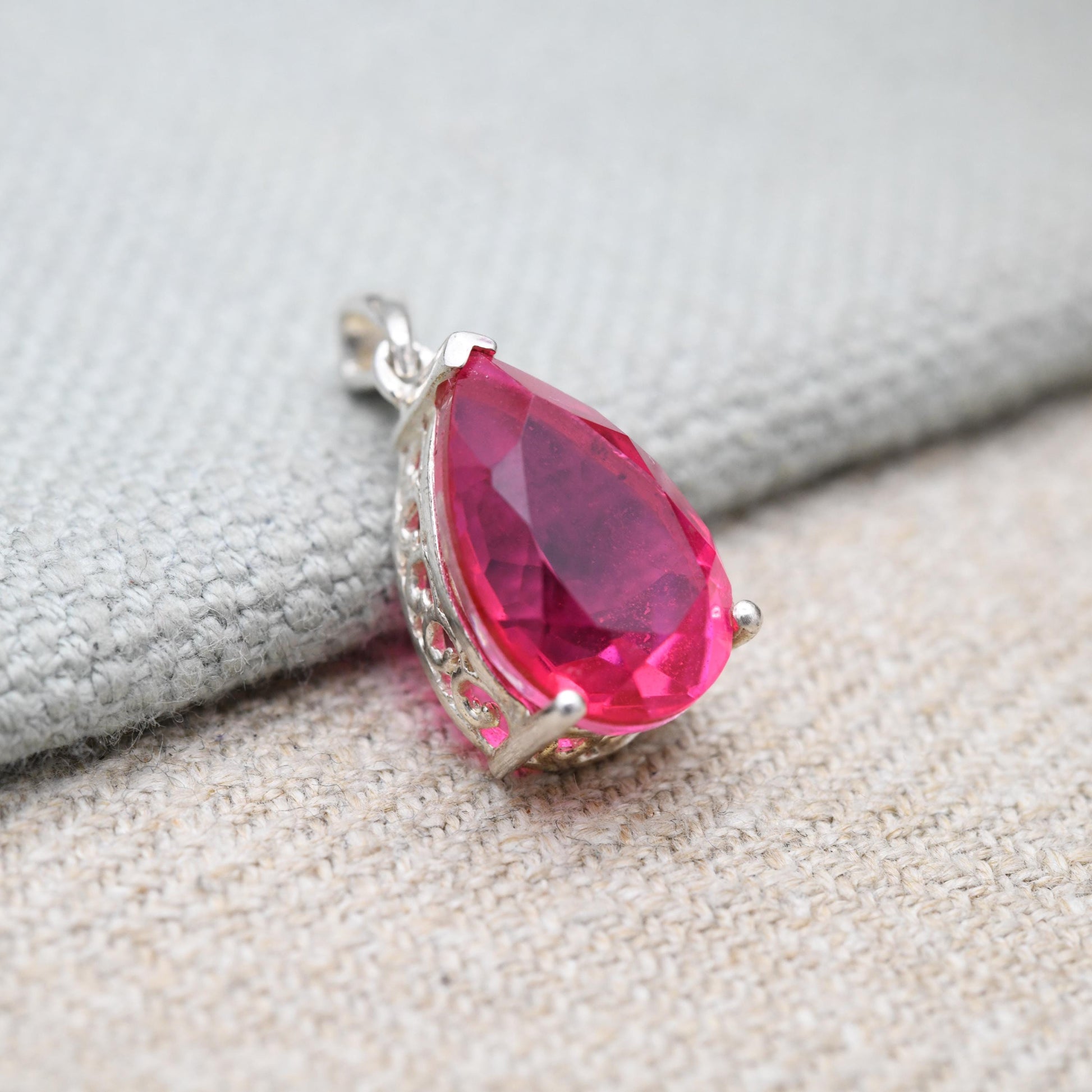 Vintage Sterling Silver Synthetic Ruby Pendant - Pear Cut | Elegant Setting | Gift for Necklace Stack