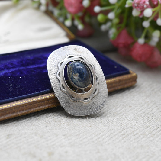 Antique Arts and Crafts Brooch Hammered Sterling Silver with Cabochon Gemstone c. 1900