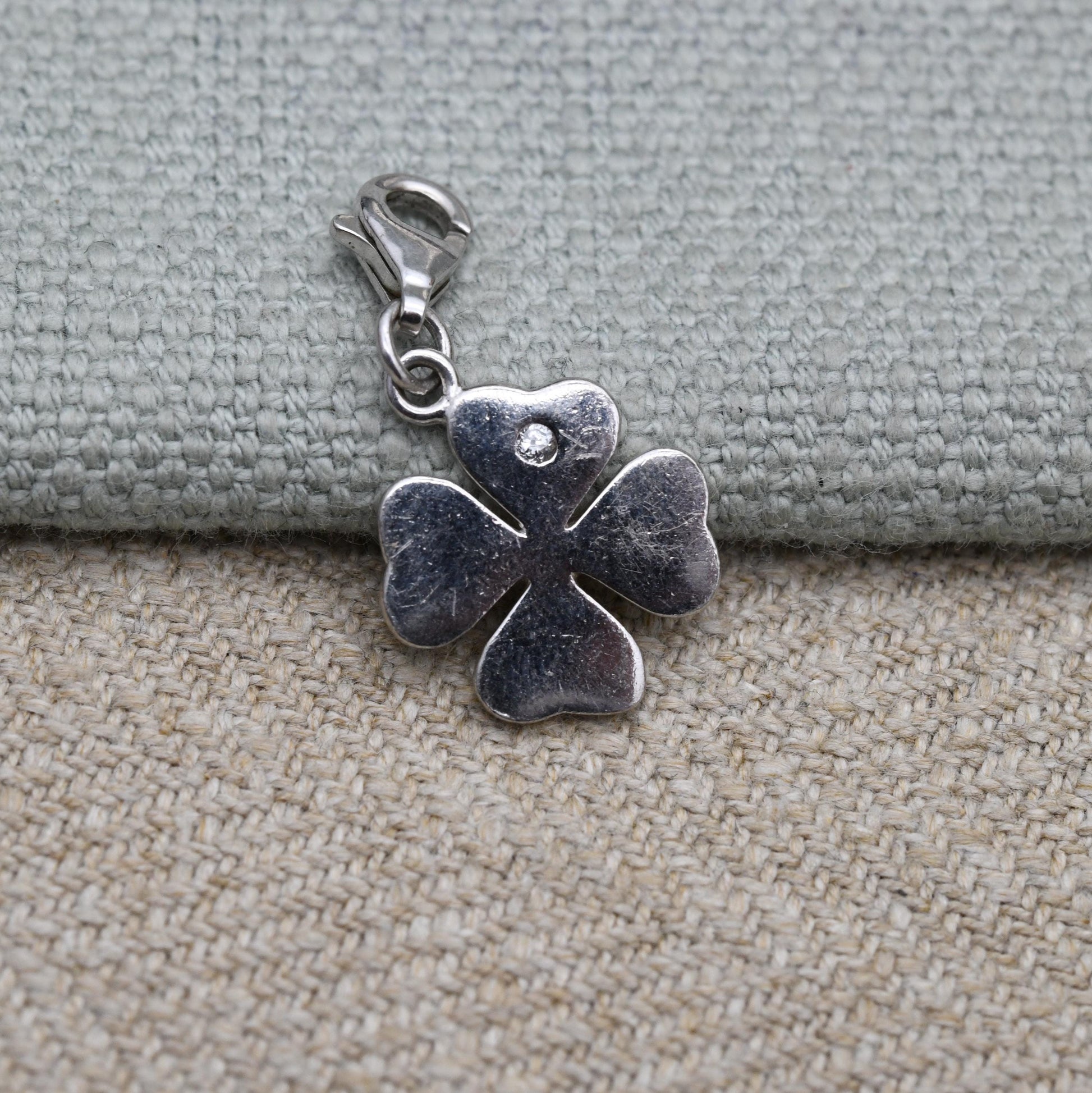 Vintage Sterling Silver Shamrock Clear Stone Charm Pendant - Three Leaf Clover Shape | Irish Gift | Pendant for Necklace