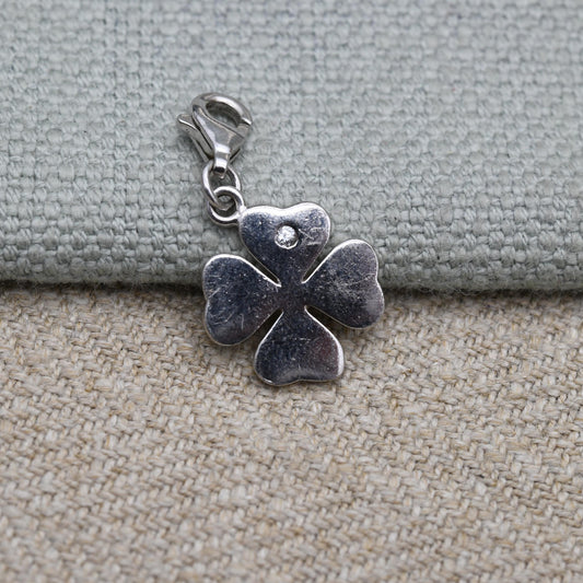 Vintage Sterling Silver Shamrock Clear Stone Charm Pendant - Three Leaf Clover Shape | Irish Gift | Pendant for Necklace