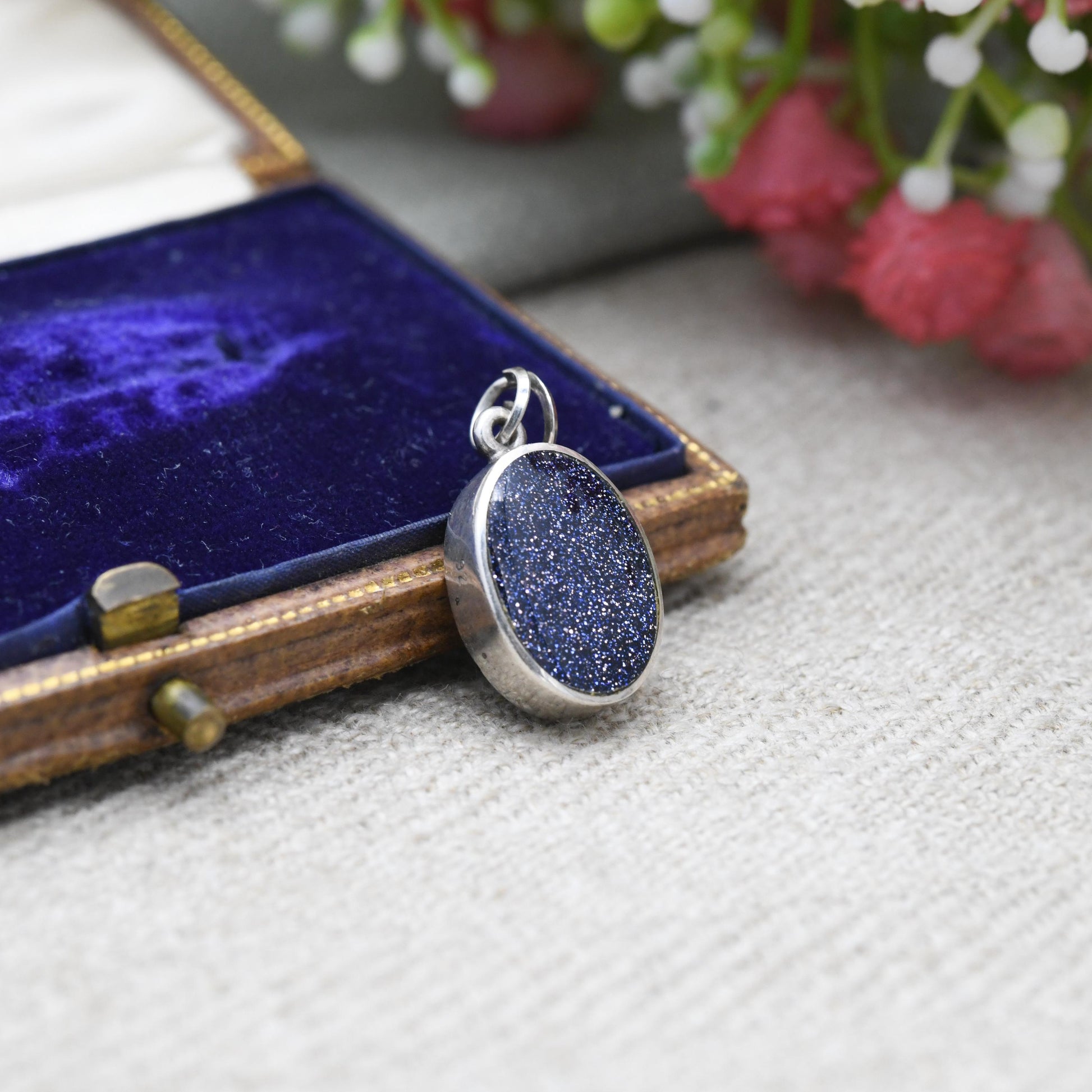 Vintage Sterling Silver Blue Goldstone Pendant - Minimal | Midnight Theme | Gift for Pendant Charm Necklace
