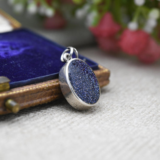Vintage Sterling Silver Blue Goldstone Pendant - Minimal | Midnight Theme | Gift for Pendant Charm Necklace