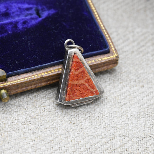 Vintage Silver Triangle Coral Pendant - Mid-Century Style | Gift for Pendant Charm Necklace
