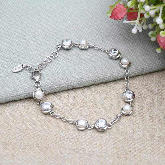 Vintage Fiorelli Sterling Silver White Stone and Pearl Chain Bracelet - Rounded Curb Links | Charm | Beautiful Bracelet