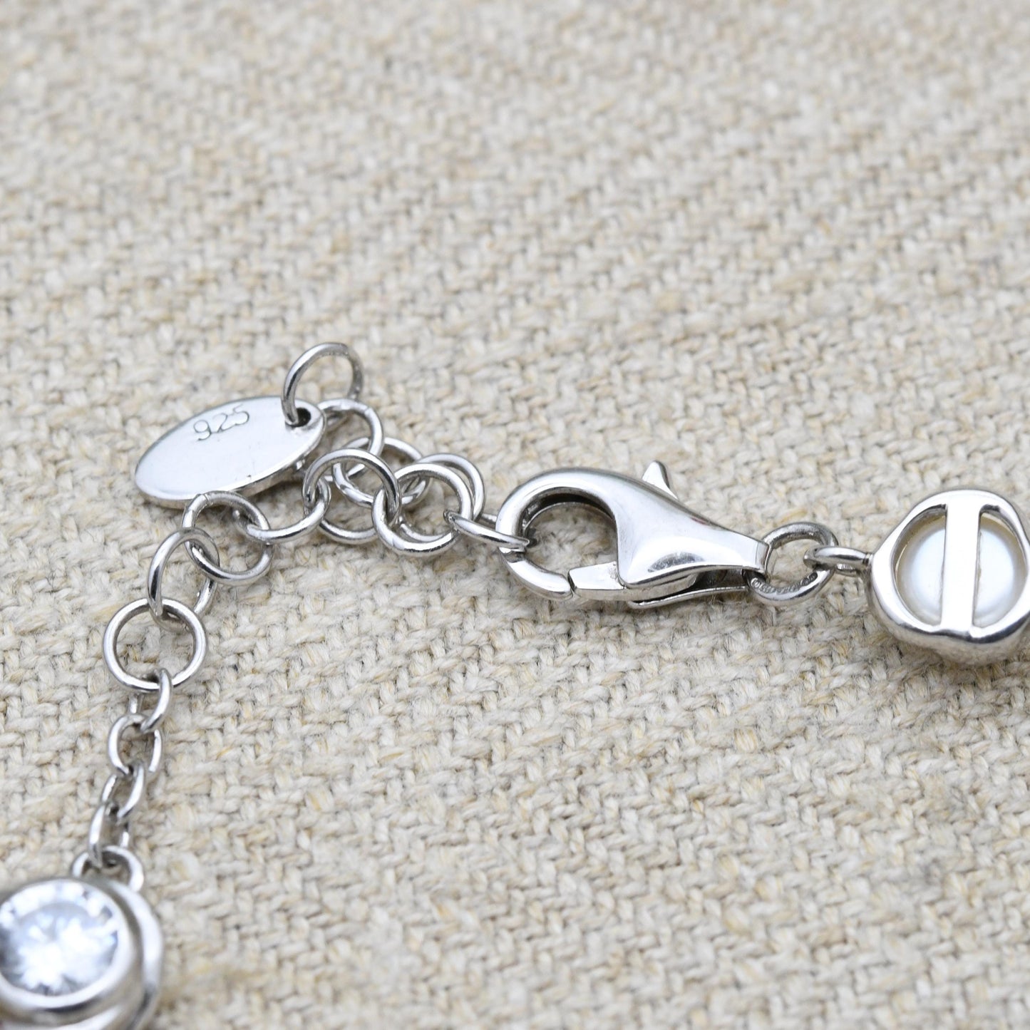 Vintage Fiorelli Sterling Silver White Stone and Pearl Chain Bracelet - Rounded Curb Links | Charm | Beautiful Bracelet