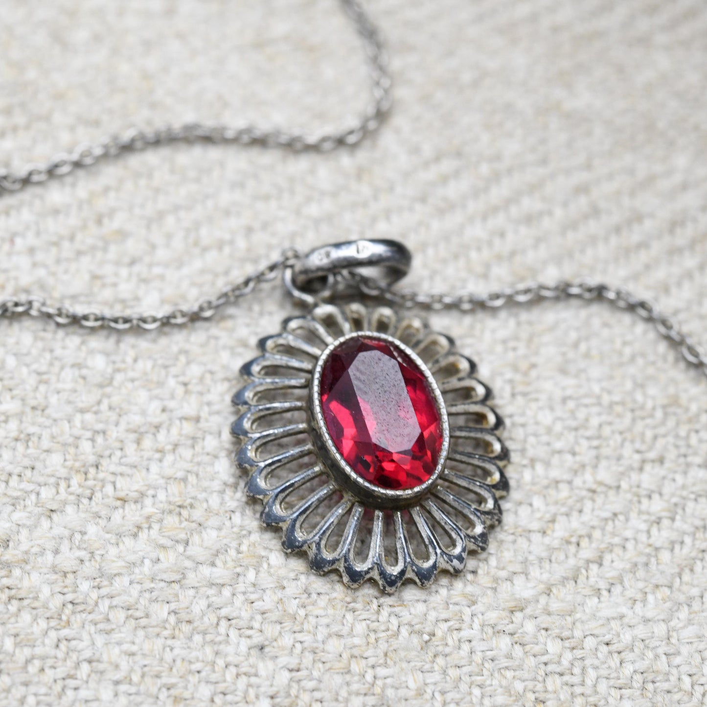 Vintage European Silver Red Stone Necklace and Pendant - Mid-Century | Floral | Milgrain Bezel Setting | Gift for Her | Gift for Him