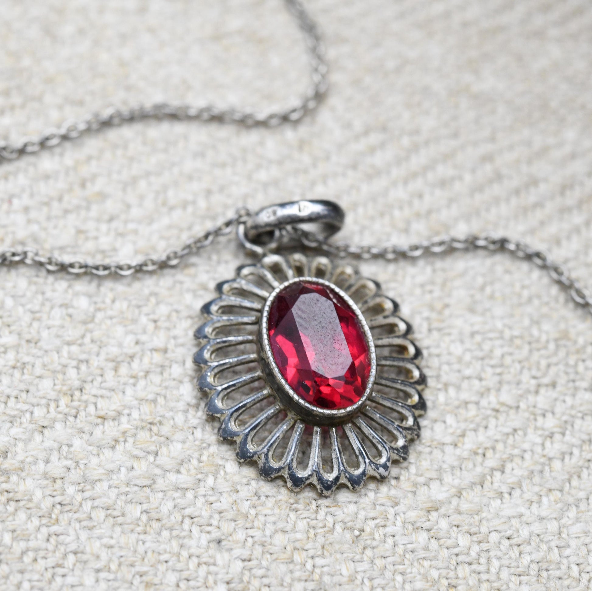 Vintage European Silver Red Stone Necklace and Pendant - Mid-Century | Floral | Milgrain Bezel Setting | Gift for Her | Gift for Him