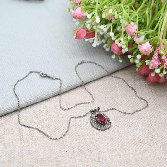 Vintage European Silver Red Stone Necklace and Pendant - Mid-Century | Floral | Milgrain Bezel Setting | Gift for Her | Gift for Him