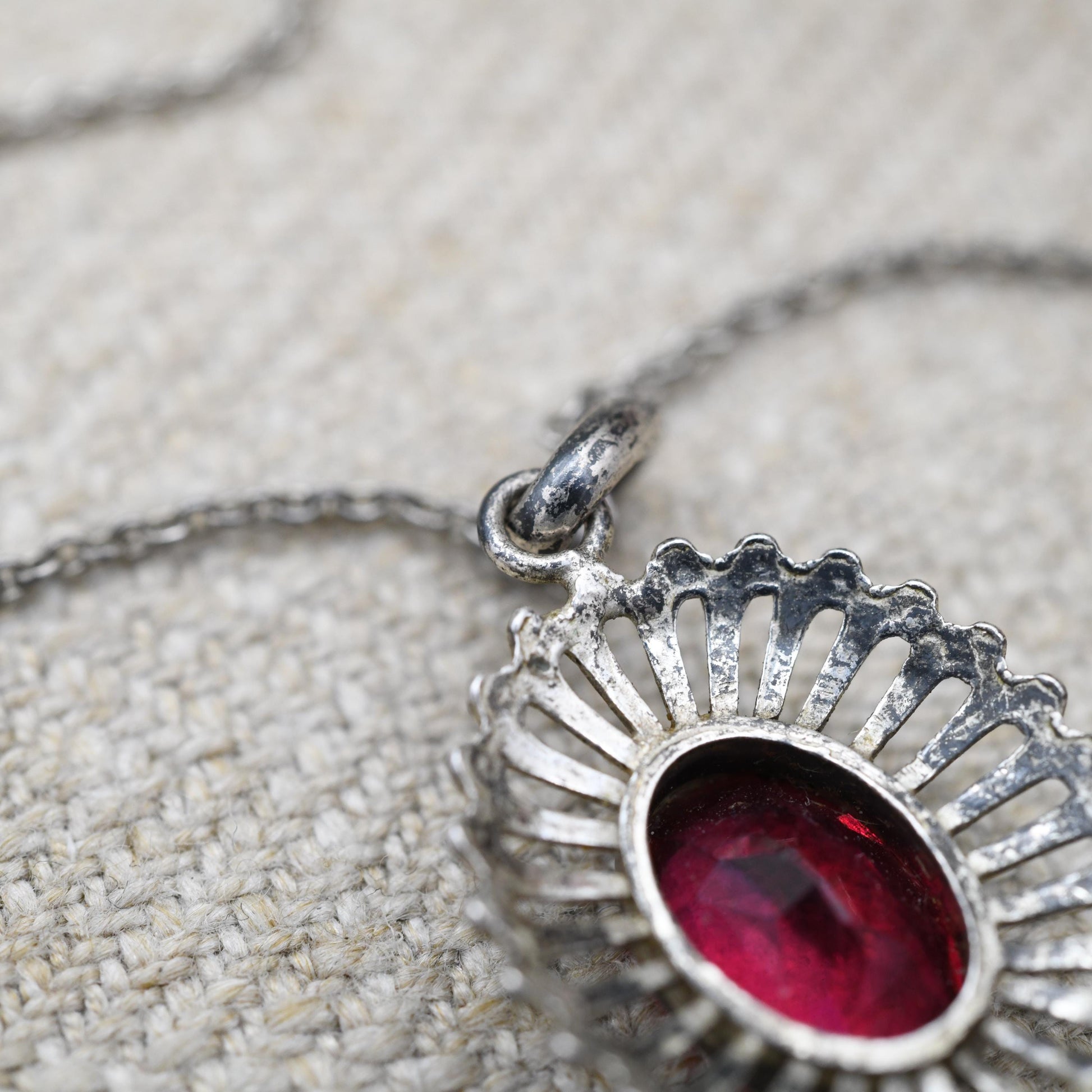 Vintage European Silver Red Stone Necklace and Pendant - Mid-Century | Floral | Milgrain Bezel Setting | Gift for Her | Gift for Him