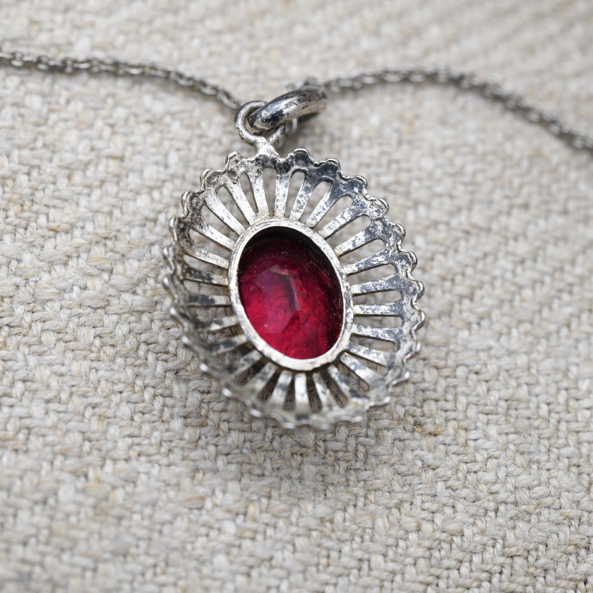 Vintage European Silver Red Stone Necklace and Pendant - Mid-Century | Floral | Milgrain Bezel Setting | Gift for Her | Gift for Him