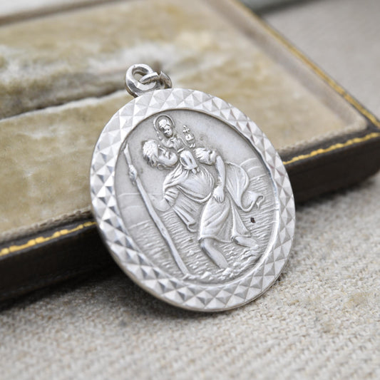 Vintage Sterling Silver Large St. Christopher Pendant - Embossed Relief | Circle Shape | Saint of Travelling Religious Jewellery | Necklace