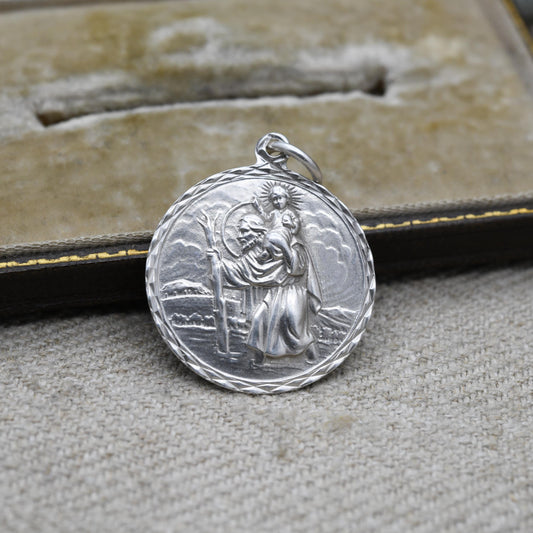 Vintage Sterling Silver St. Christopher Pendant - Embossed Relief | Circle Shape | Saint of Travelling | Gift for Pendant Necklace