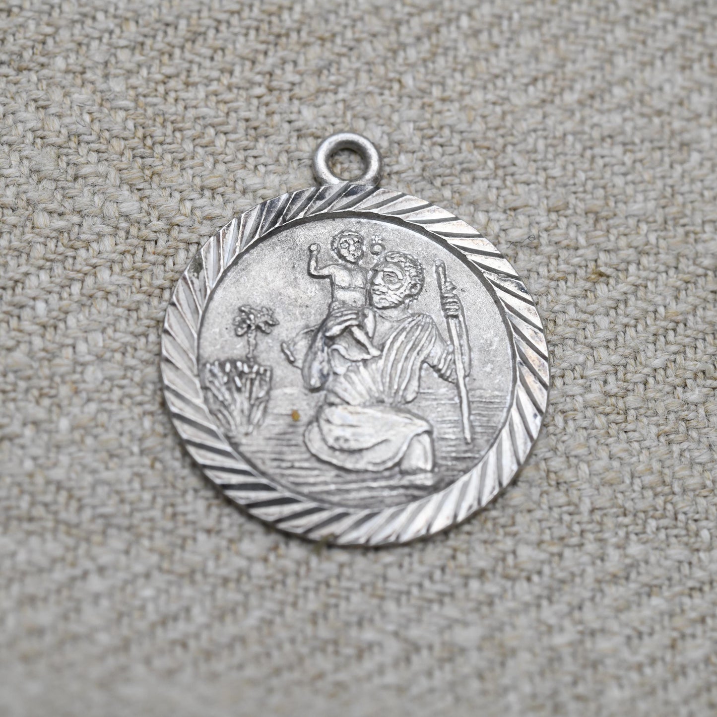 Vintage Sterling Silver St. Christopher Pendant - Embossed Relief with Detailed Background | Saint of Travelling | Religious Jewellery