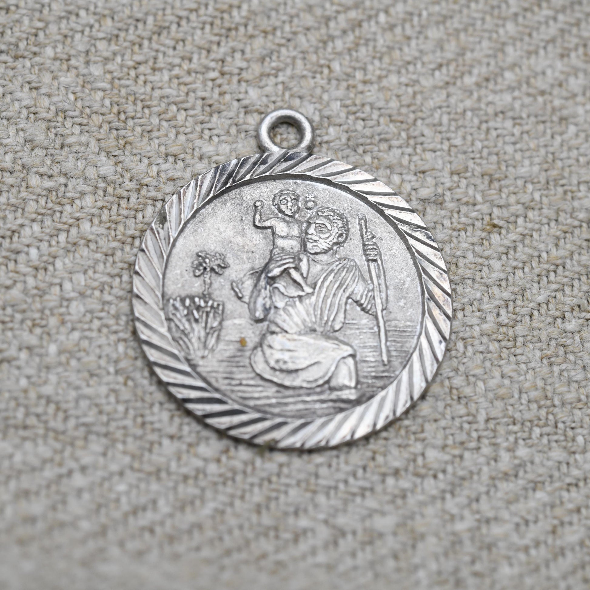 Vintage Sterling Silver St. Christopher Pendant - Embossed Relief with Detailed Background | Saint of Travelling | Religious Jewellery