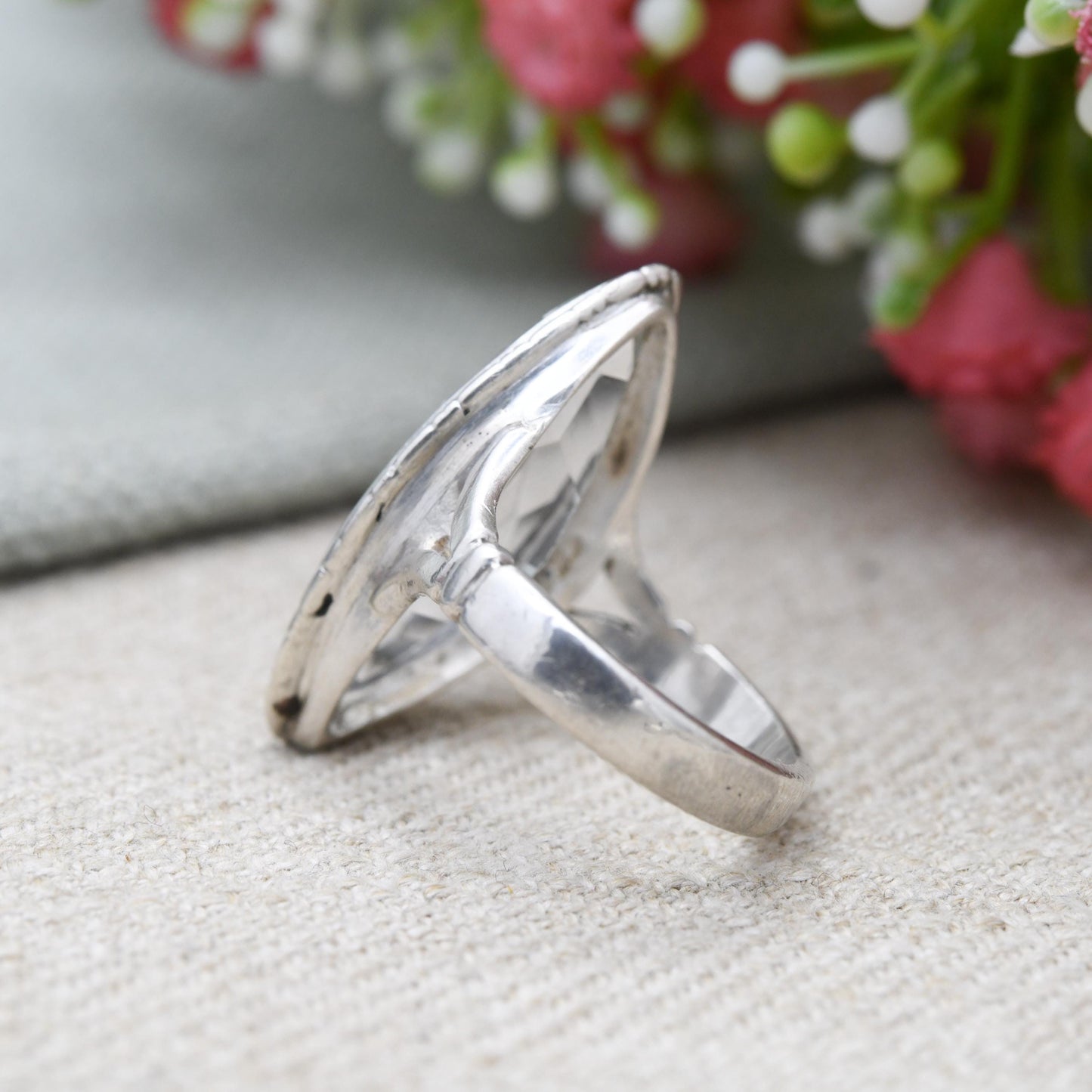 Vintage Sterling Silver Clear Paste Solitaire Ring 1960's - Large White Marquise | Placeholder Ring | UK Size - P | US Size - 7 3/4