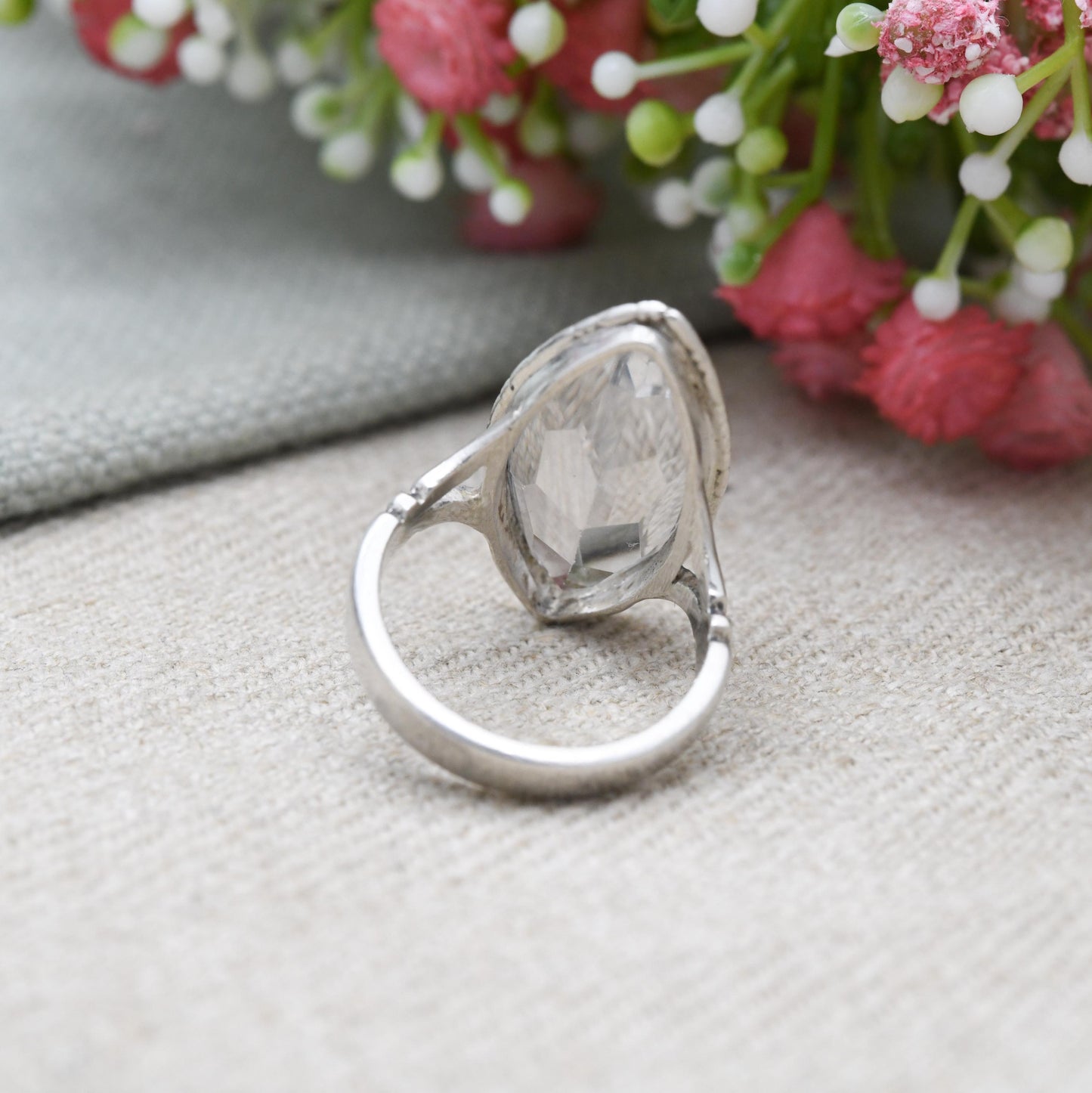 Vintage Sterling Silver Clear Paste Solitaire Ring 1960's - Large White Marquise | Placeholder Ring | UK Size - P | US Size - 7 3/4