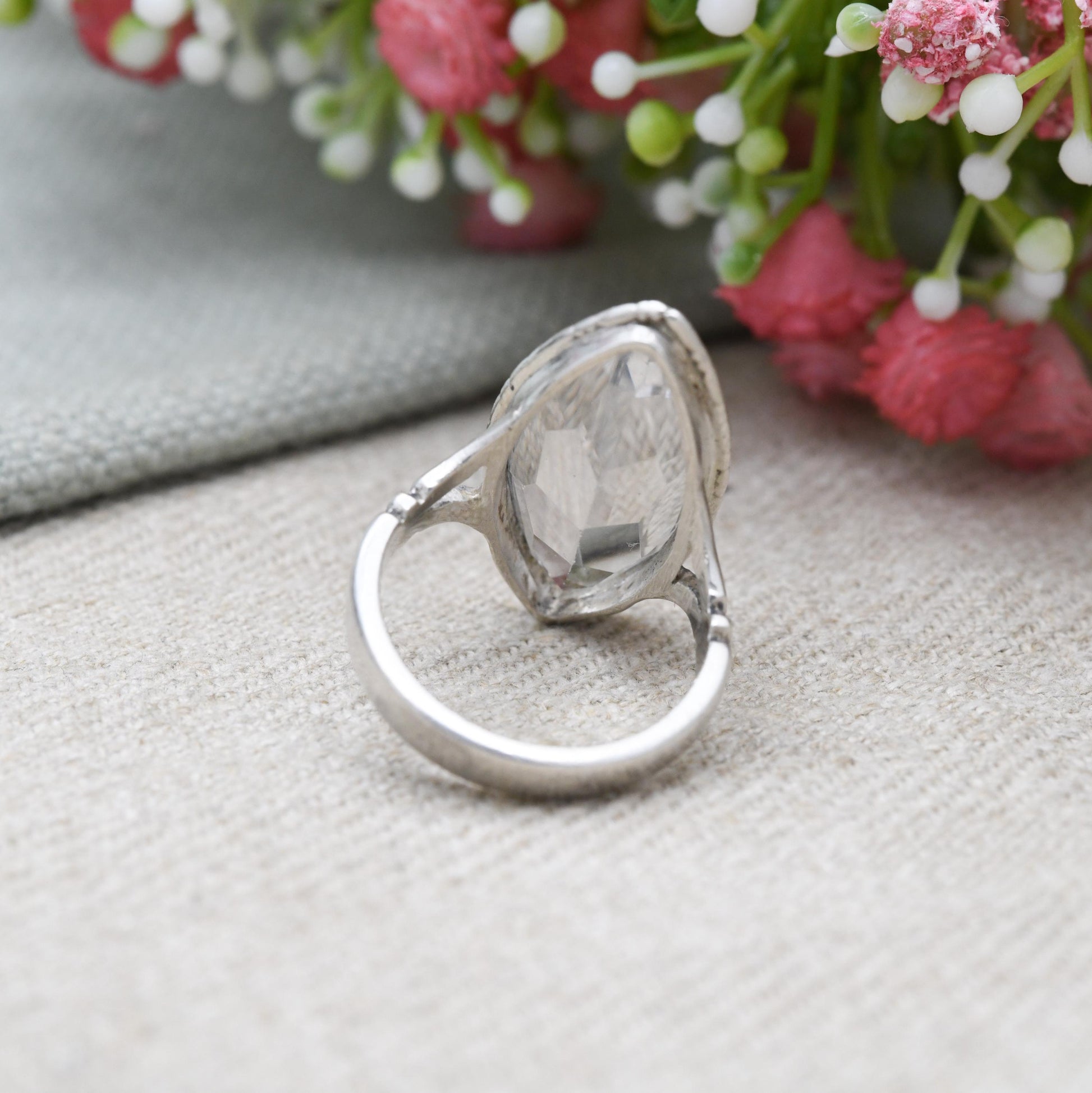Vintage Sterling Silver Clear Paste Solitaire Ring 1960's - Large White Marquise | Placeholder Ring | UK Size - P | US Size - 7 3/4