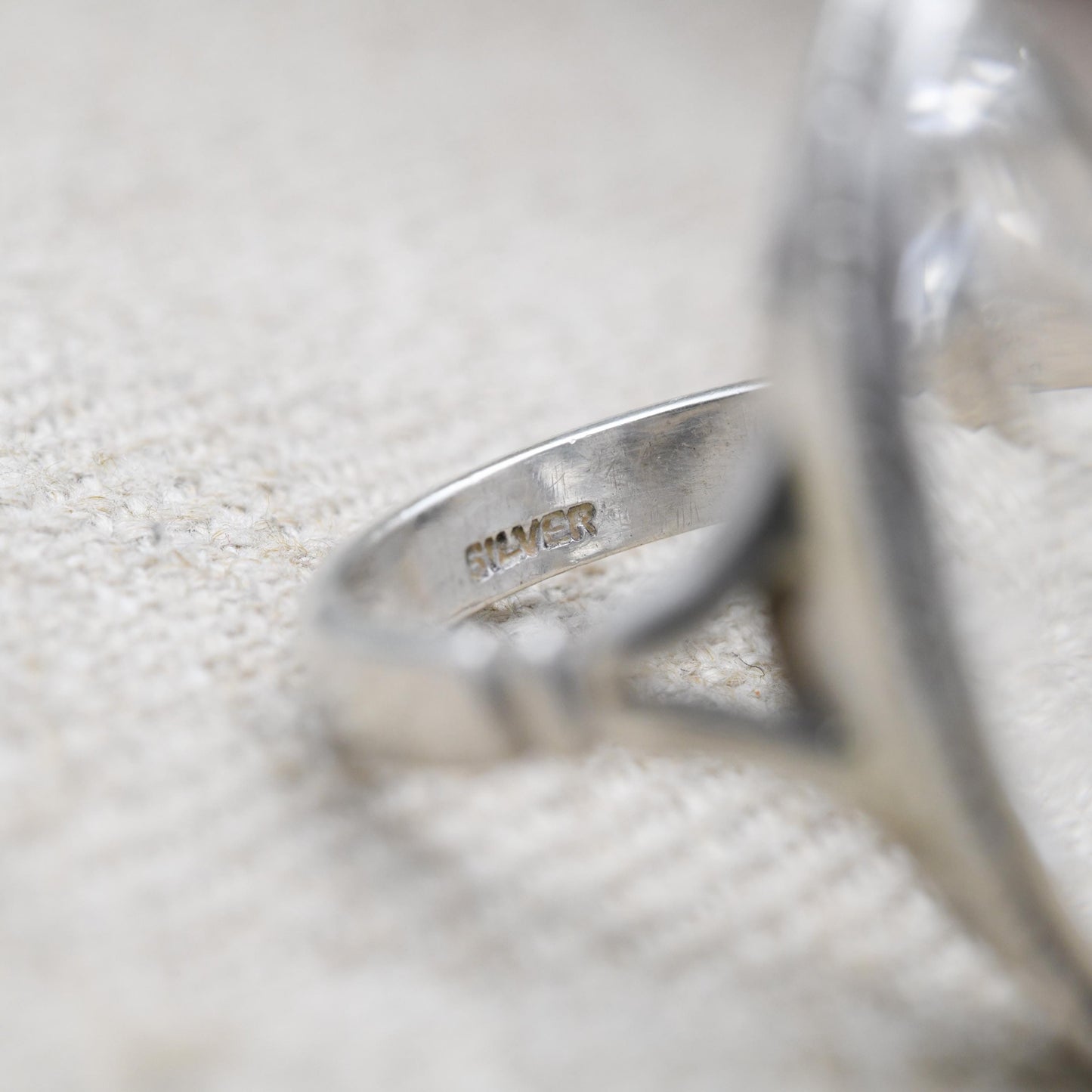 Vintage Sterling Silver Clear Paste Solitaire Ring 1960's - Large White Marquise | Placeholder Ring | UK Size - P | US Size - 7 3/4