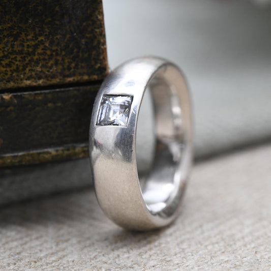 Sterling Silver Clear Stone Solitaire Band Ring - Large White Stone | Minimalist Ring | UK Size - N | US Size - 7