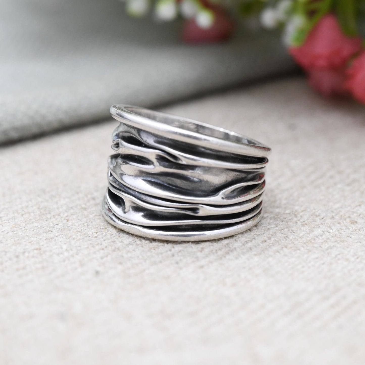 Vintage Sterling Silver Abstract Textured Band Ring - Modernist Large Unique Jewellery | UK Size - P | US Size - 7 1/4