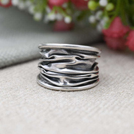 Vintage Sterling Silver Abstract Textured Band Ring - Modernist Large Unique Jewellery | UK Size - P | US Size - 7 1/4