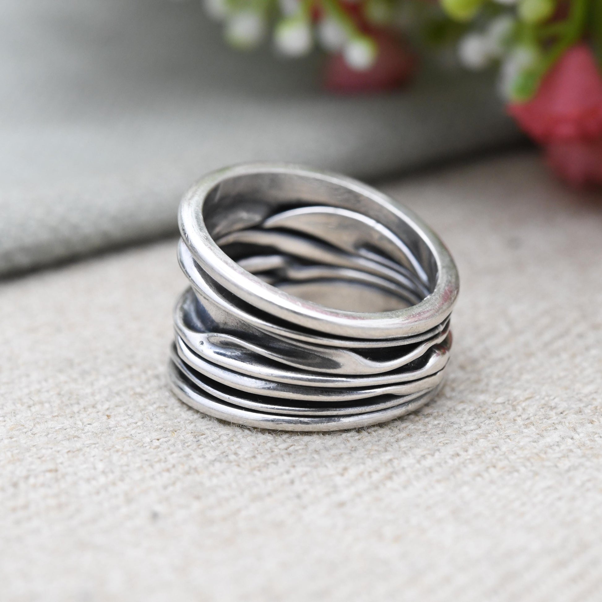 Vintage Sterling Silver Abstract Textured Band Ring - Modernist Large Unique Jewellery | UK Size - P | US Size - 7 1/4