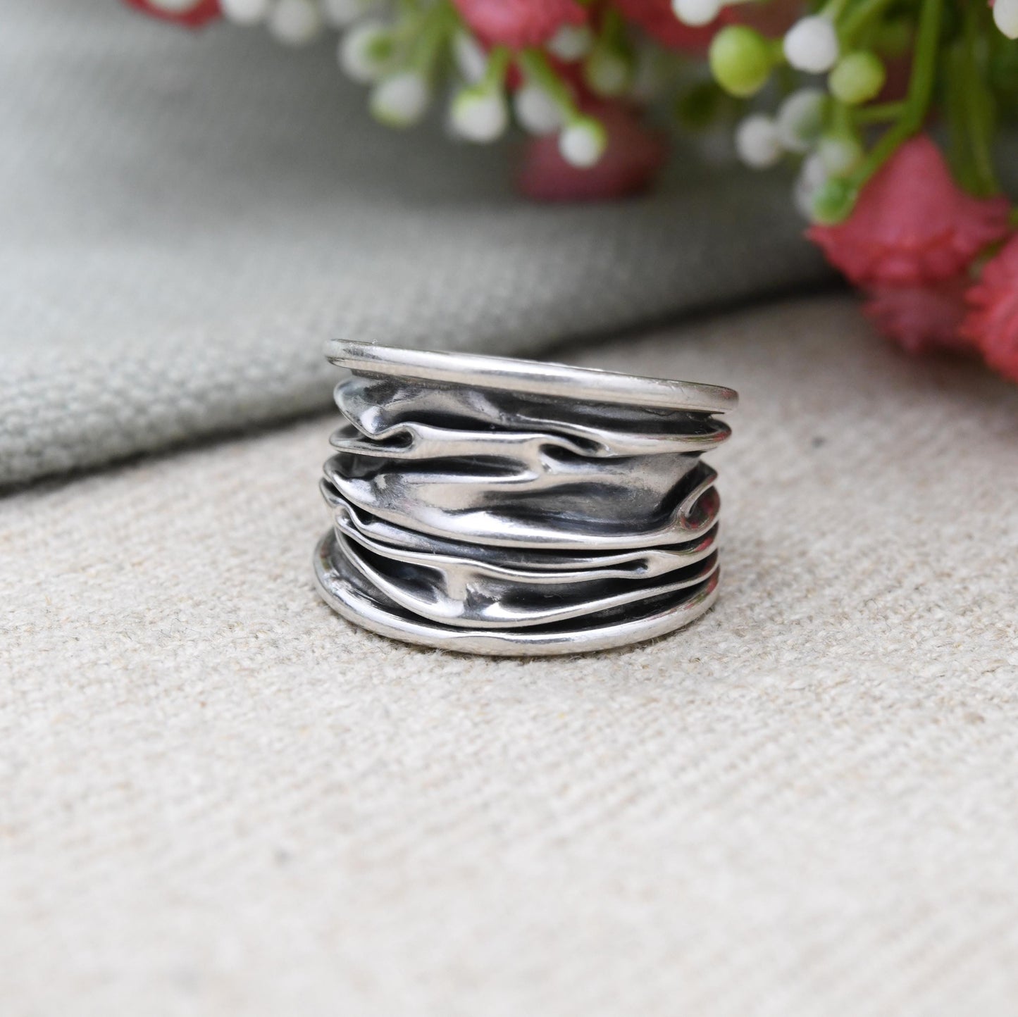 Vintage Sterling Silver Abstract Textured Band Ring - Modernist Large Unique Jewellery | UK Size - P | US Size - 7 1/4
