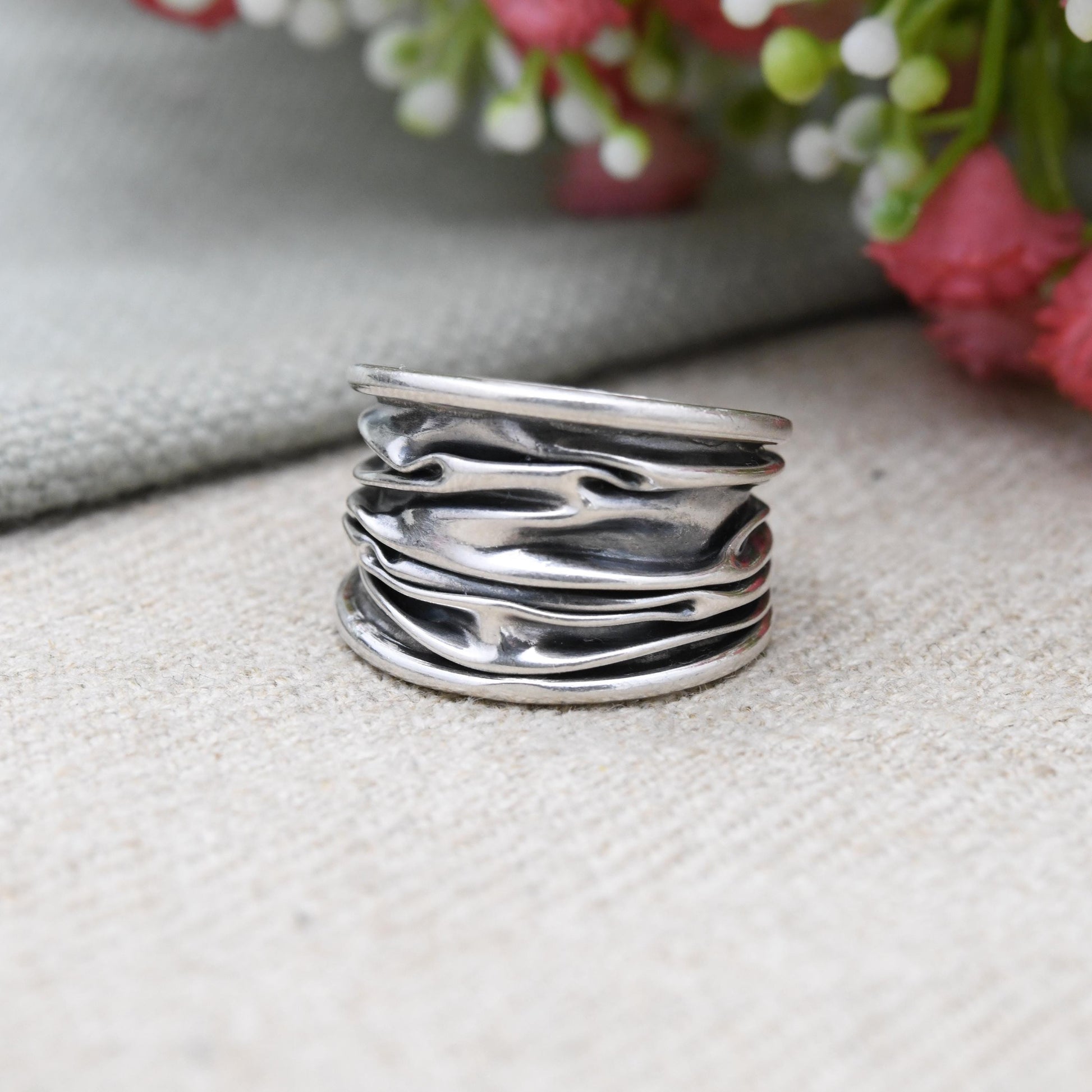 Vintage Sterling Silver Abstract Textured Band Ring - Modernist Large Unique Jewellery | UK Size - P | US Size - 7 1/4