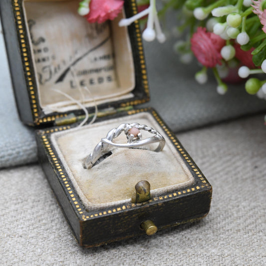 Vintage Sterling Silver Eye Ring with Small Pink Stone - Delicate | Mid-Century | Open | UK Size - N | US Size - 7