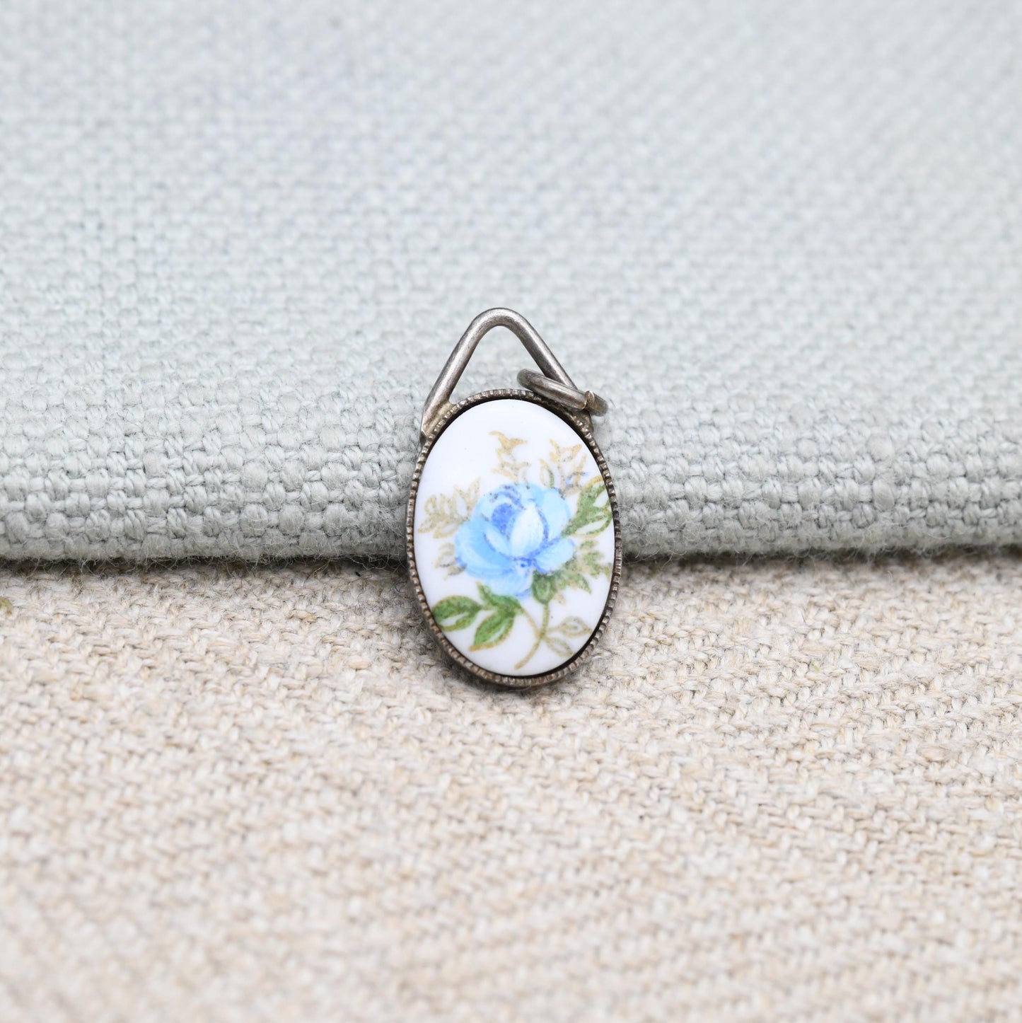 Vintage Sterling Silver and Ceramic Flower Pendant - Small Oval Necklace