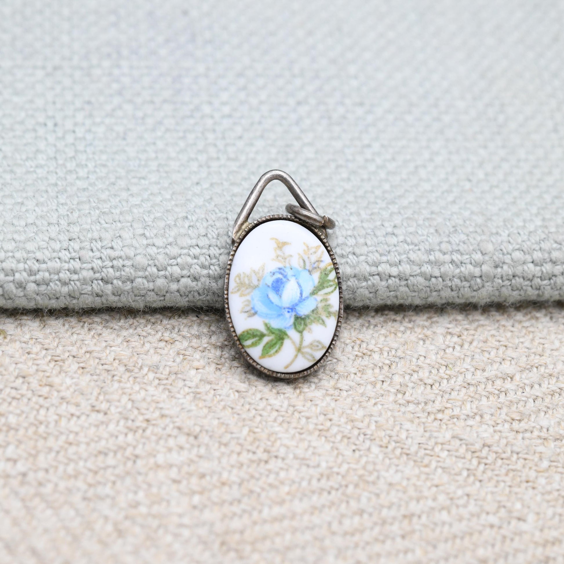 Vintage Sterling Silver and Ceramic Flower Pendant - Small Oval Necklace