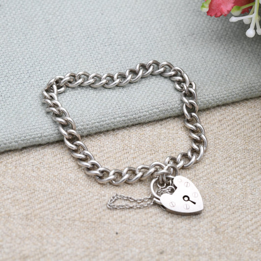 Vintage Sterling Silver Heart Padlock Clasp Chain Bracelet - Curb Links with Safety Chain | Gift for Her
