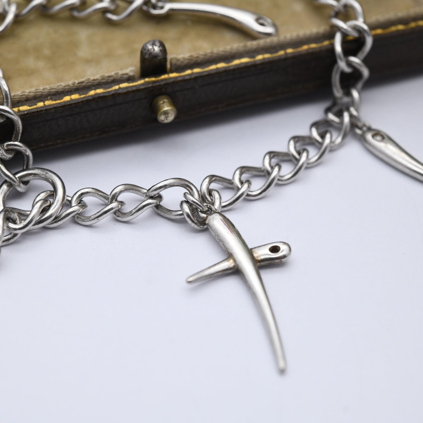 Vintage Sterling Silver and Diamond Love Hearth Wishbone Chain Bracelet - Rounded Curb Links | Charm Bracelet