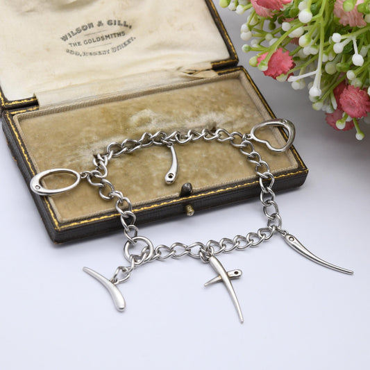 Vintage Sterling Silver and Diamond Love Hearth Wishbone Chain Bracelet - Rounded Curb Links | Charm Bracelet