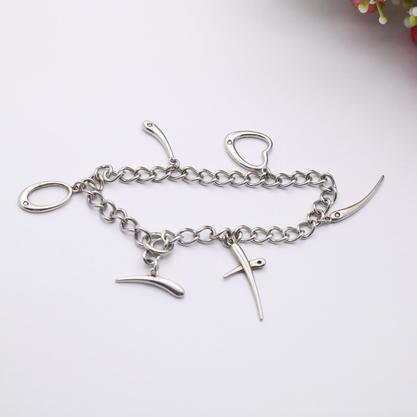 Vintage Sterling Silver and Diamond Love Hearth Wishbone Chain Bracelet - Rounded Curb Links | Charm Bracelet