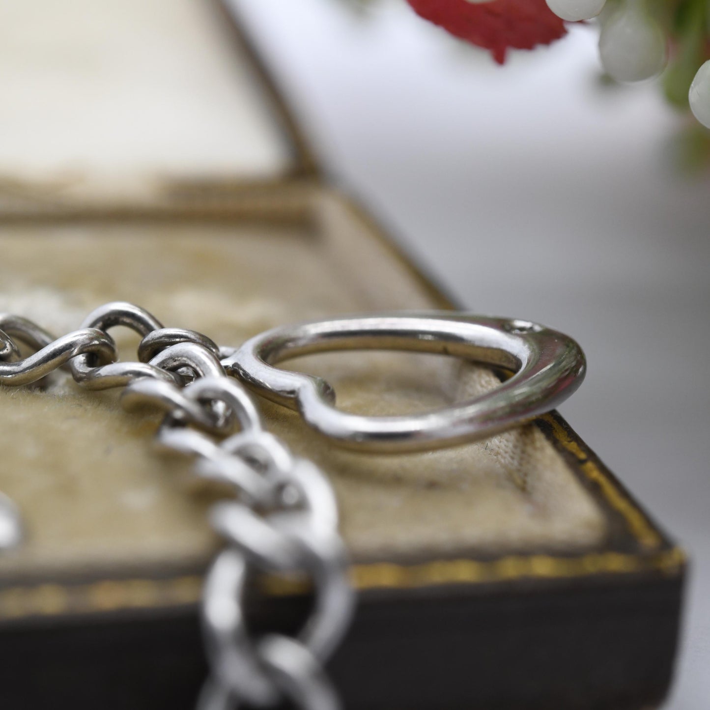 Vintage Sterling Silver and Diamond Love Hearth Wishbone Chain Bracelet - Rounded Curb Links | Charm Bracelet