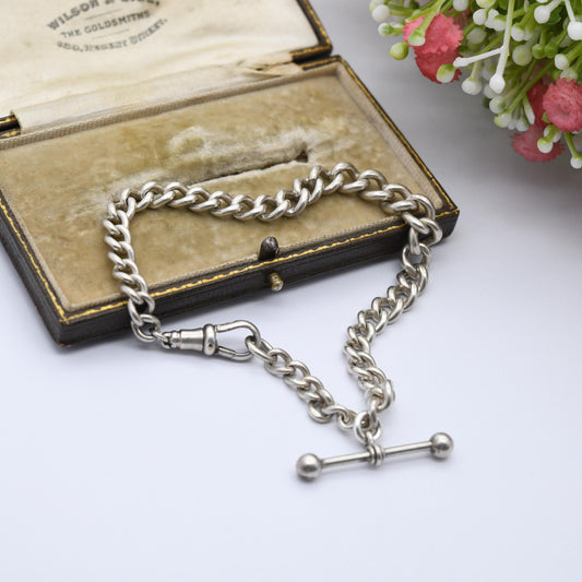 Antique Sterling Silver Albert Chain Bracelet Conversion 1927 with T-Bar - Chunky Solid | Stamped to Each Link