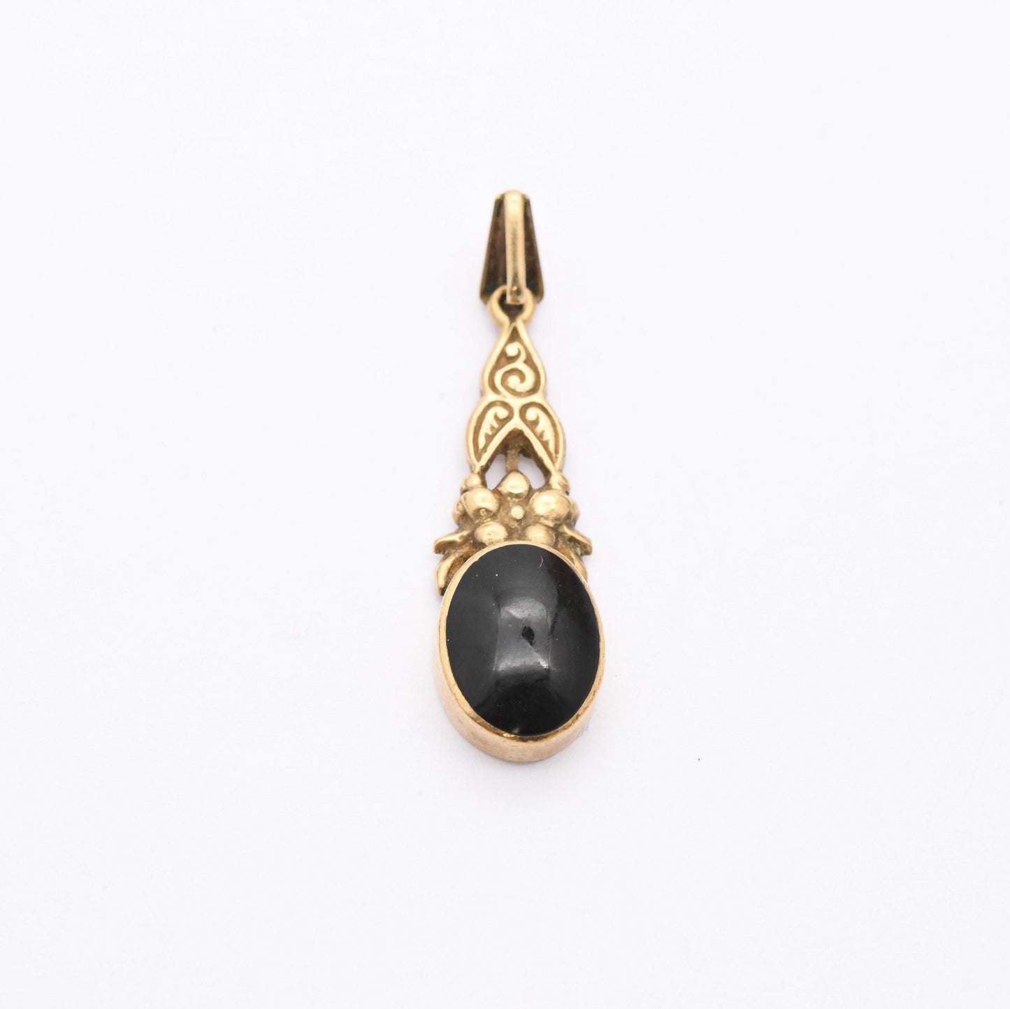 Vintage 9ct Gold Onyx Pendant 2002 - Floral Motif Scrolling | Teardrop Shape Gold and Black Pendant Charm for Trace Chain