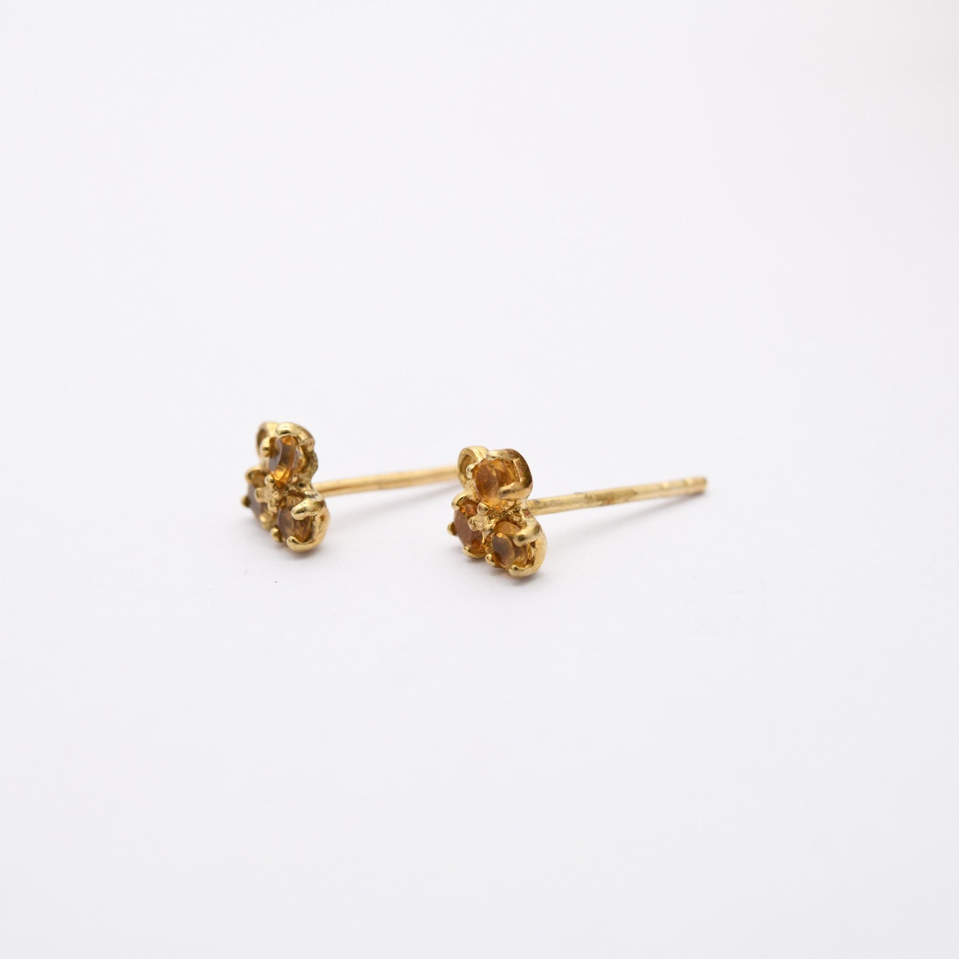 9ct Gold Citrine Stud Earrings - Pretty Yellow Gold Mounts | Floral Faceted Orange Gemstone | Butterfly Backs