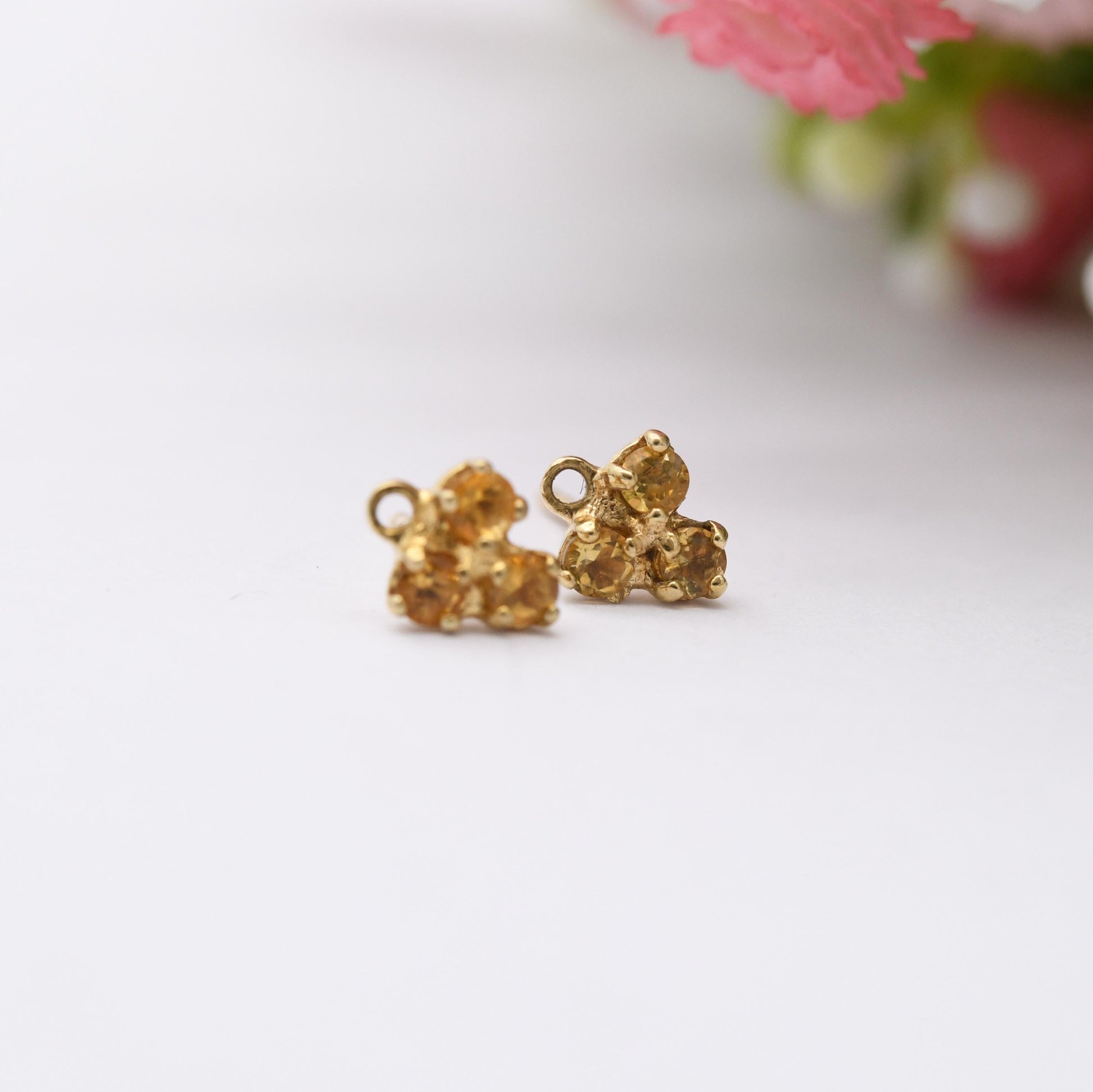 9ct Gold Citrine Stud Earrings - Pretty Yellow Gold Mounts | Floral Faceted Orange Gemstone | Butterfly Backs