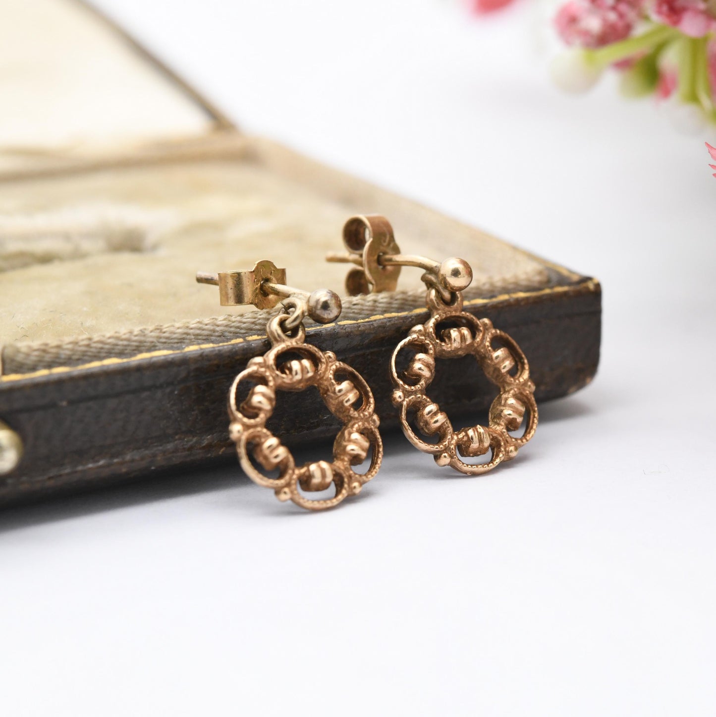 Vintage 9ct Gold Openwork Flower Drop Earrings - Pretty Solid Gold Floral Stud Dangle Earrings with Butterfly Backs | Gift for Her