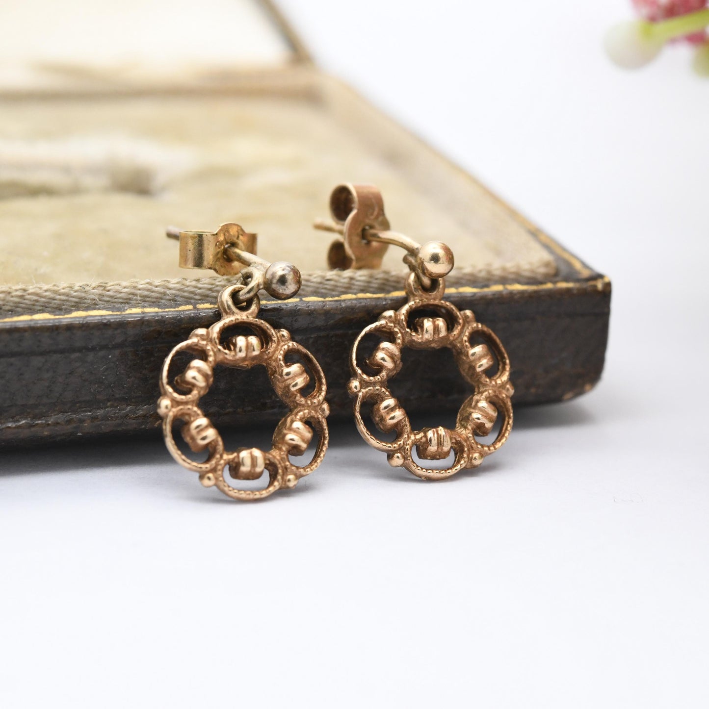 Vintage 9ct Gold Openwork Flower Drop Earrings - Pretty Solid Gold Floral Stud Dangle Earrings with Butterfly Backs | Gift for Her