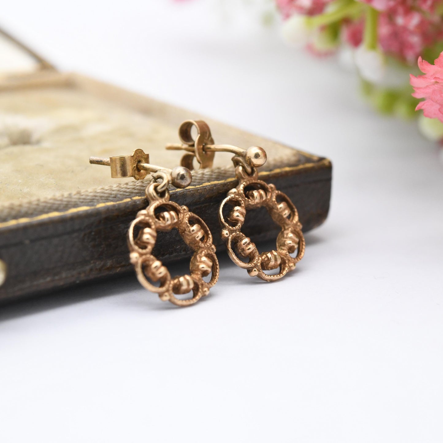Vintage 9ct Gold Openwork Flower Drop Earrings - Pretty Solid Gold Floral Stud Dangle Earrings with Butterfly Backs | Gift for Her