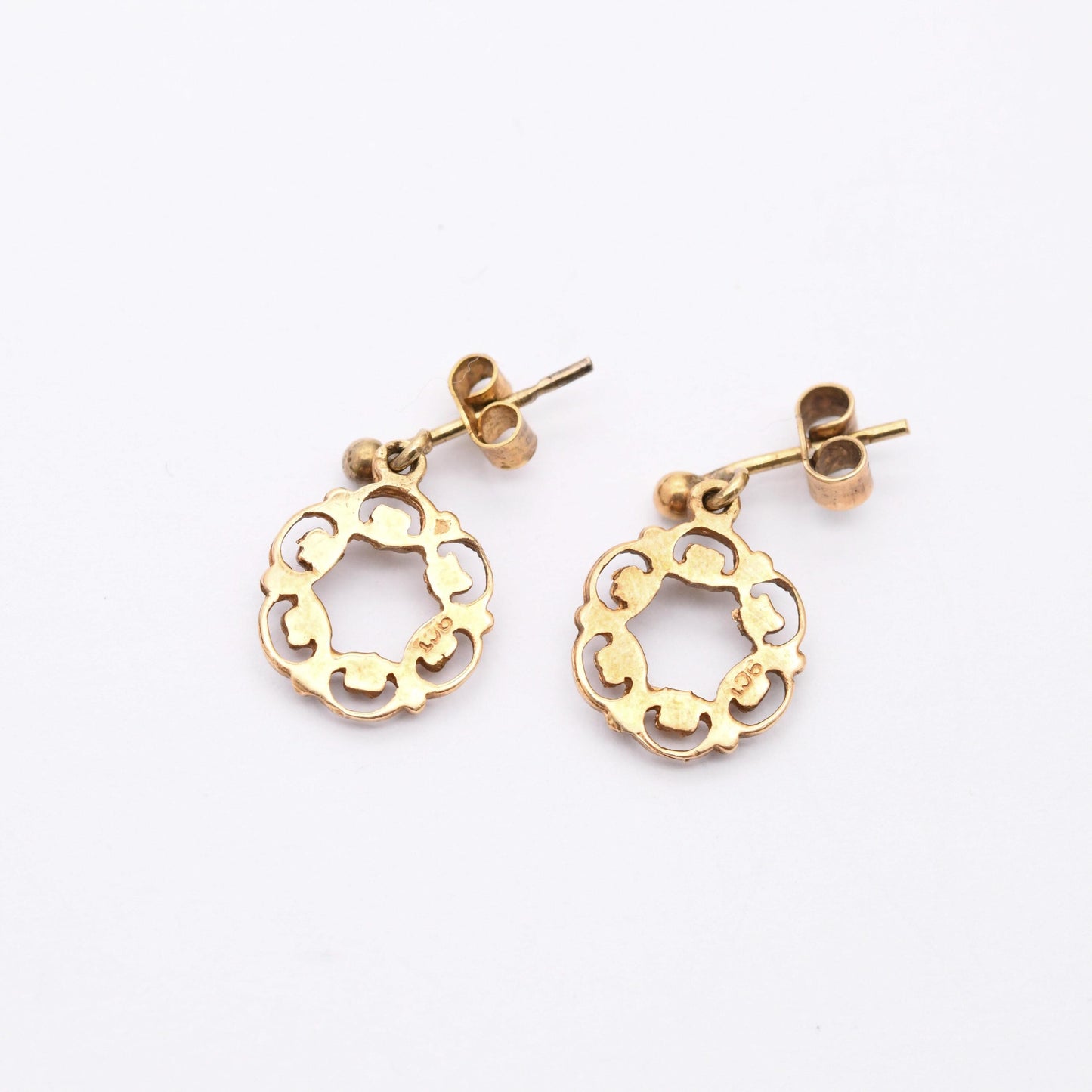 Vintage 9ct Gold Openwork Flower Drop Earrings - Pretty Solid Gold Floral Stud Dangle Earrings with Butterfly Backs | Gift for Her
