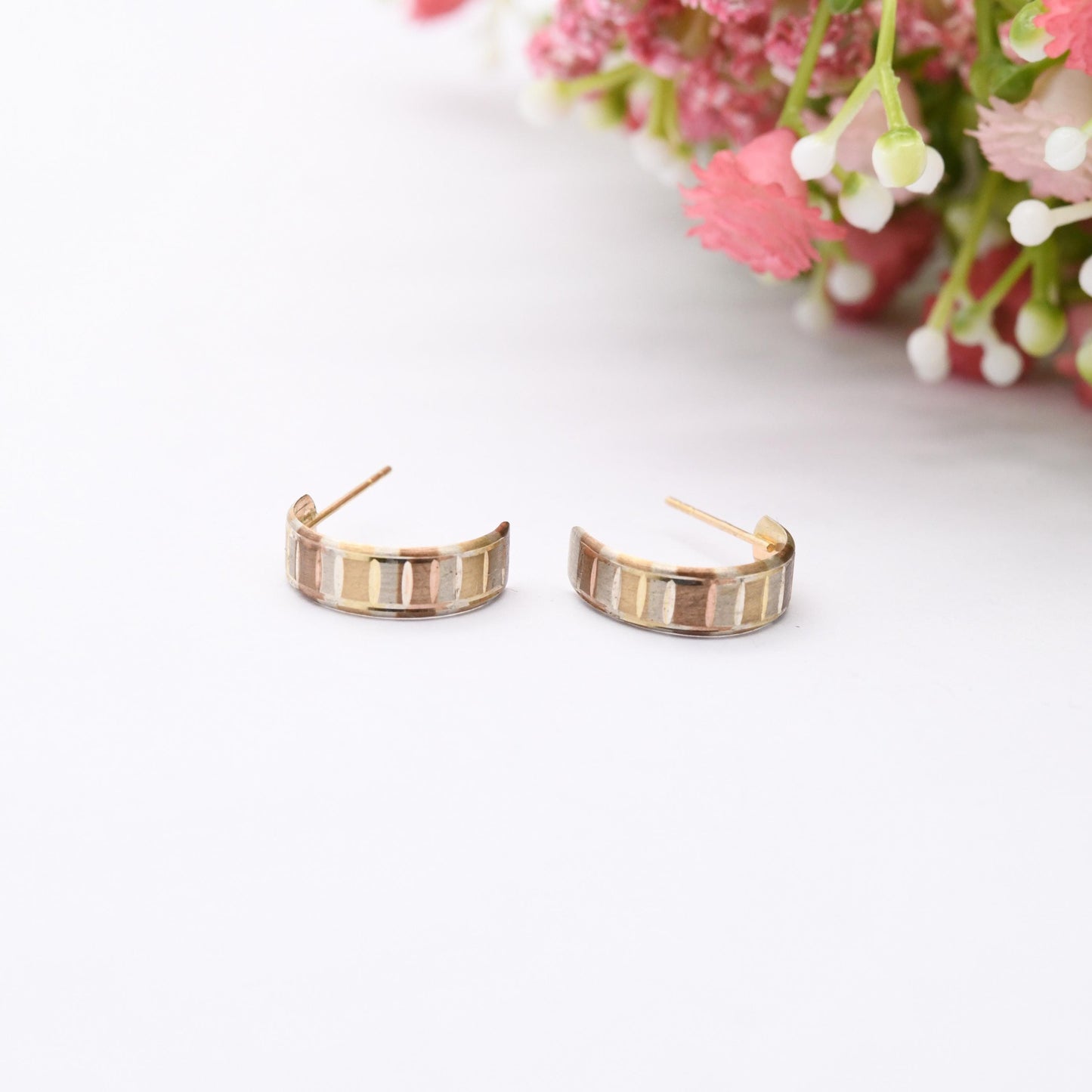 Vintage 9ct Gold Multi Tone Half Hoop Stud Earrings - Mid-Century Semi Circle Shape | Solid Gold Jewellery Gift for Her