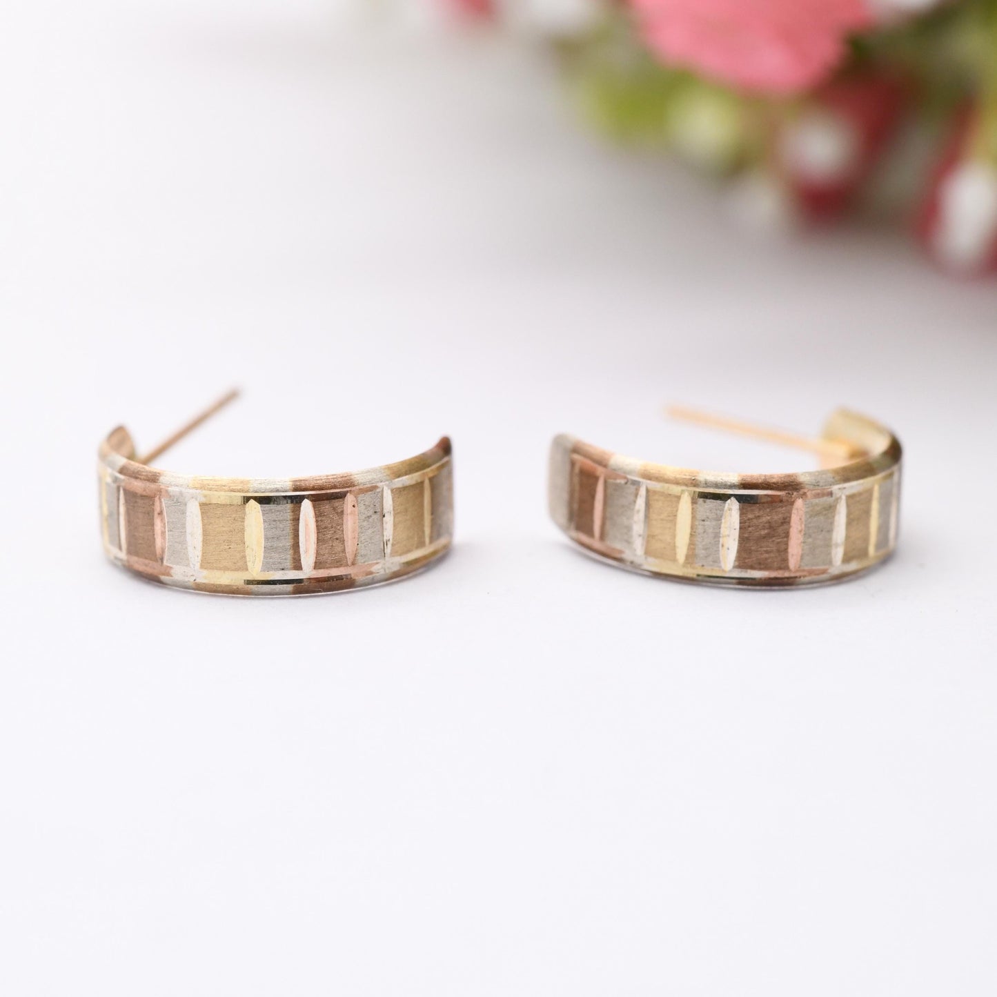 Vintage 9ct Gold Multi Tone Half Hoop Stud Earrings - Mid-Century Semi Circle Shape | Solid Gold Jewellery Gift for Her