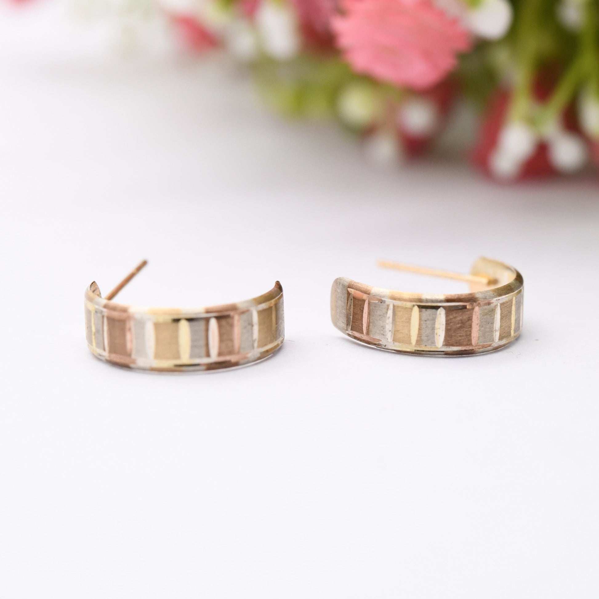 Vintage 9ct Gold Multi Tone Half Hoop Stud Earrings - Mid-Century Semi Circle Shape | Solid Gold Jewellery Gift for Her